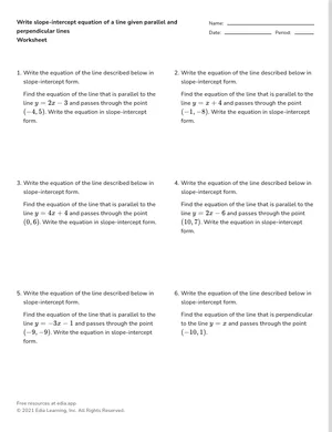 Write slope-intercept equation of a line given parallel and perpendicular lines worksheet preview