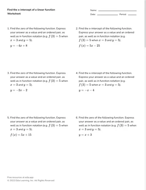 Find the x-intercept of a linear function worksheet preview