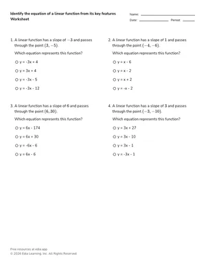 Identify the equation of a linear function from its key features worksheet preview