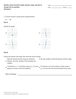 Identify a linear function's graph, domain, range, and rate of change from an equation worksheet preview