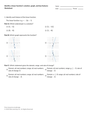 Identify a linear function's solution, graph, and key features worksheet preview