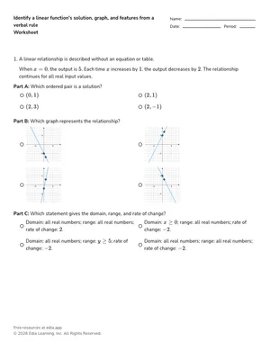 Identify a linear function's solution, graph, and features from a verbal rule worksheet preview