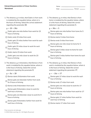 Interpreting parameters of linear functions worksheet preview