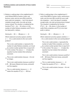 Justifying solutions and constraints of linear models worksheet preview