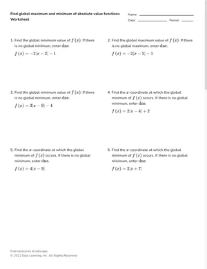 Find global maximum and minimum of absolute value functions worksheet preview