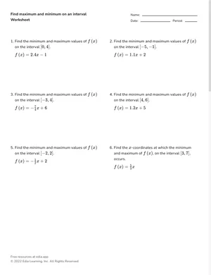 Find maximum and minimum on an interval worksheet preview