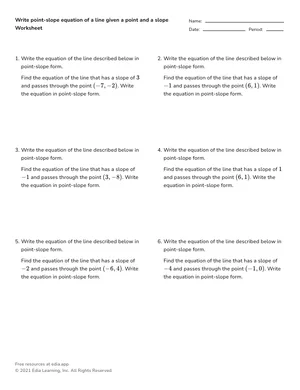 Write point-slope equation of a line given a point and a slope worksheet preview