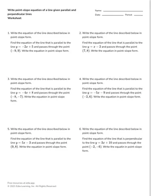 Write point-slope equation of a line given parallel and perpendicular lines worksheet preview