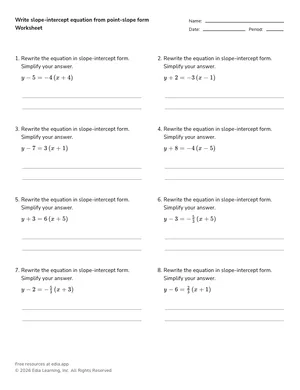 Write slope-intercept equation from point-slope form worksheet preview