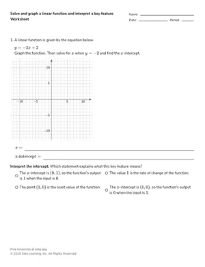 Solve and graph a linear function and interpret a key feature worksheet preview