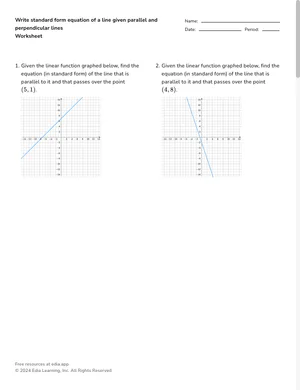 Write standard form equation of a line given parallel and perpendicular lines worksheet preview