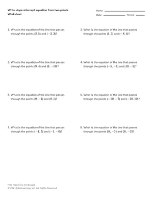 Write slope-intercept equation from two points worksheet preview