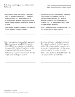 Write linear equations given a verbal description worksheet preview