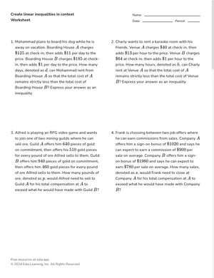 Create linear inequalities in context worksheet preview