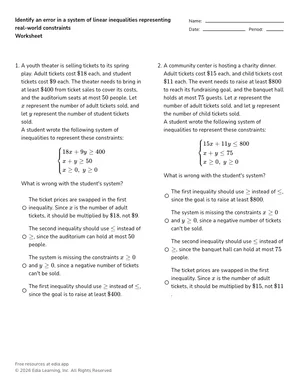 Identify an error in a system of linear inequalities representing real-world constraints worksheet preview