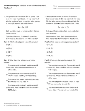 Identify and interpret solutions to two-variable inequalities worksheet preview