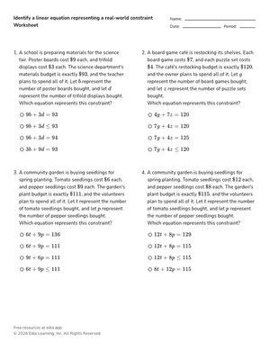 Identify a linear equation representing a real-world constraint worksheet preview
