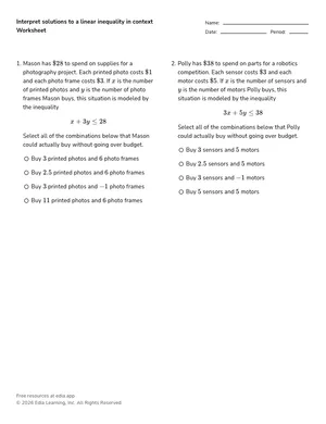 Interpret solutions to a linear inequality in context worksheet preview