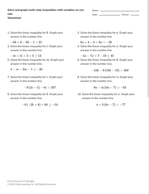 Solve and graph multi-step inequalities with variables on one side worksheet preview