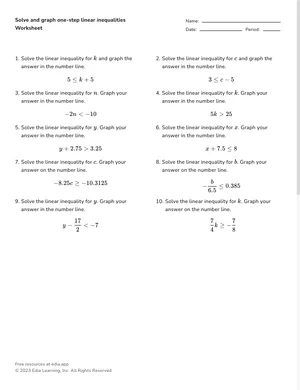 Solve and graph one-step linear inequalities worksheet preview