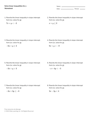 Solve linear inequalities for y worksheet preview