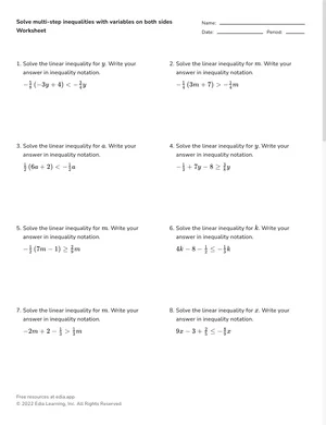 Solve multi-step inequalities with variables on both sides worksheet preview