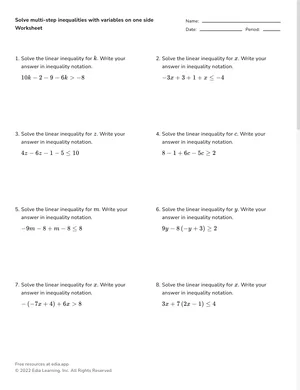 Solve multi-step inequalities with variables on one side worksheet preview