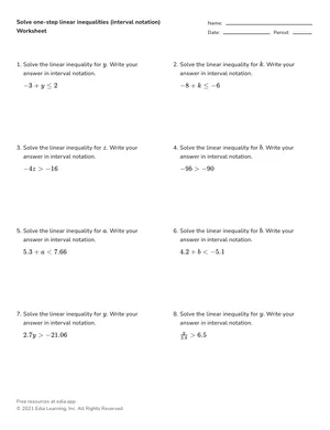 Solve one-step linear inequalities (interval notation) worksheet preview