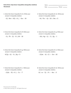 Solve three-step linear inequalities (inequality notation) worksheet preview