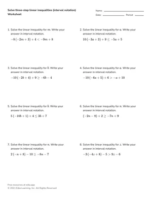 Solve three-step linear inequalities (interval notation) worksheet preview