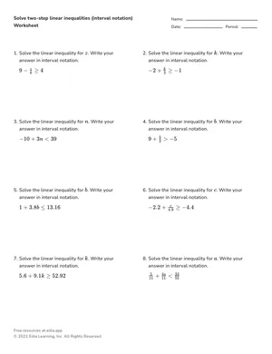 Solve two-step linear inequalities (interval notation) worksheet preview