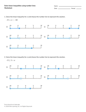 Solve linear inequalities using number lines worksheet preview
