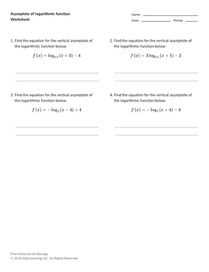 Asymptote of logarithmic function worksheet preview