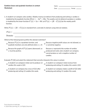 Combine linear and quadratic functions in context worksheet preview