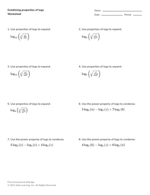Combining properties of logs worksheet preview