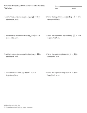 Convert between logarithmic and exponential functions worksheet preview