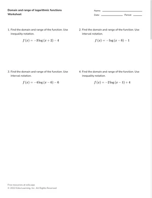 Find domain and range of logarithmic functions worksheet preview