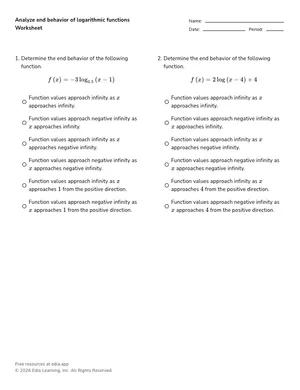 Analyze end behavior of logarithmic functions worksheet preview