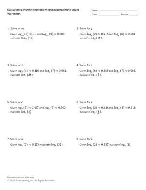 Evaluate logarithmic expressions given approximate values worksheet preview