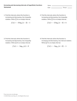 Evaluate increasing and decreasing intervals of logarithmic functions worksheet preview