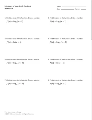 Intercepts of logarithmic functions worksheet preview