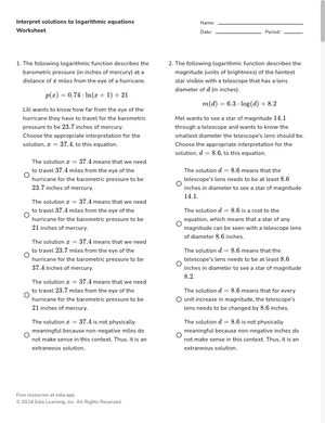 Interpret solutions to logarithmic equations worksheet preview