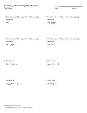 Evaluate logarithms and logarithmic functions worksheet preview