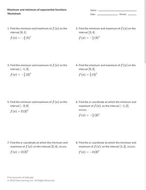 Maximum and minimum of exponential functions worksheet preview