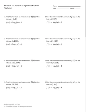 Find maximum and minimum of logarithmic functions worksheet preview