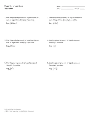 Apply properties of logarithms worksheet preview