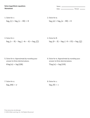 Solve logarithmic equations worksheet preview