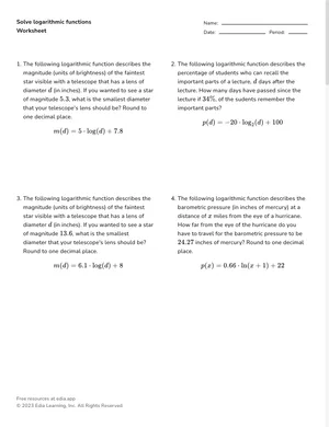 Solve logarithmic functions worksheet preview