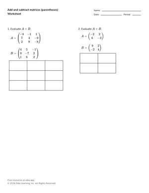 Add and subtract matrices (parentheses) worksheet preview