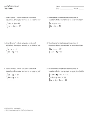 Apply Cramer's rule worksheet preview
